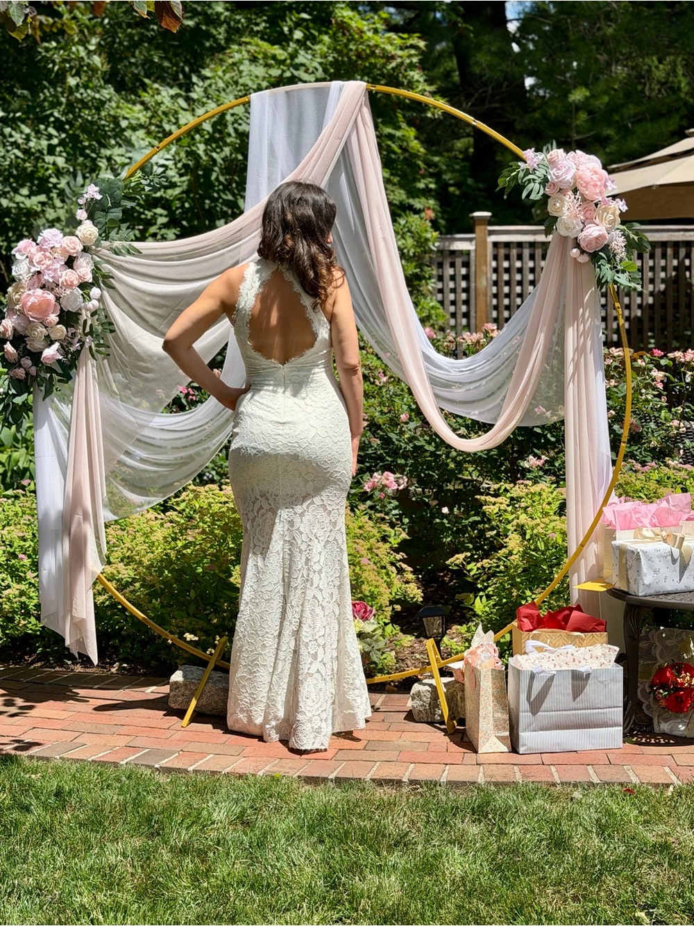 Betsy & Adam White High-Neck Lace Mermaid Wedding Dress - Picture 6 of 6